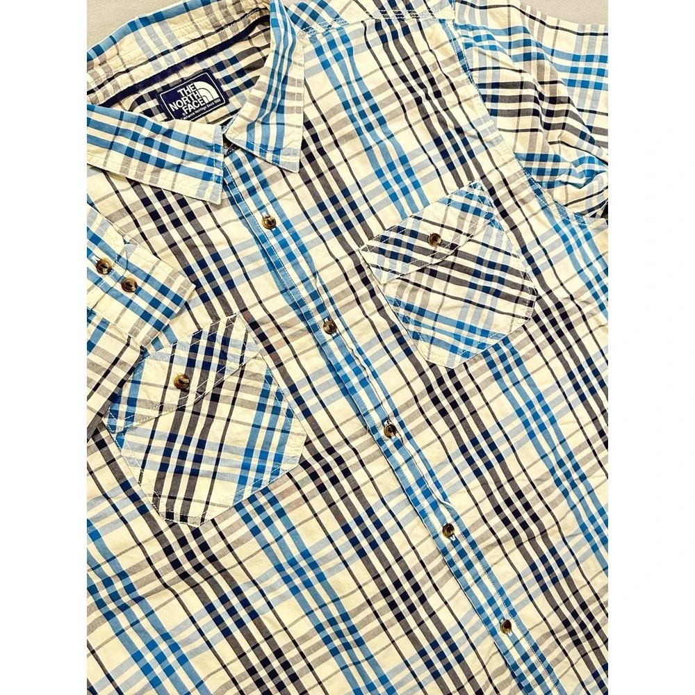 Vintage North Face Hiker Shirt XL Tan Blue Plaid 100% Cotton Long Sleeve